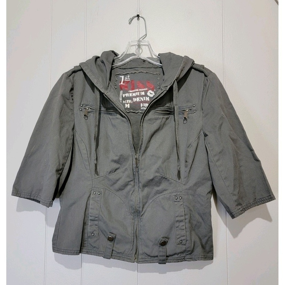 1st Kiss Women Grey Cotton Utility Hooded Cropped Jacket 3/4 Sleeve FK6996A21 M